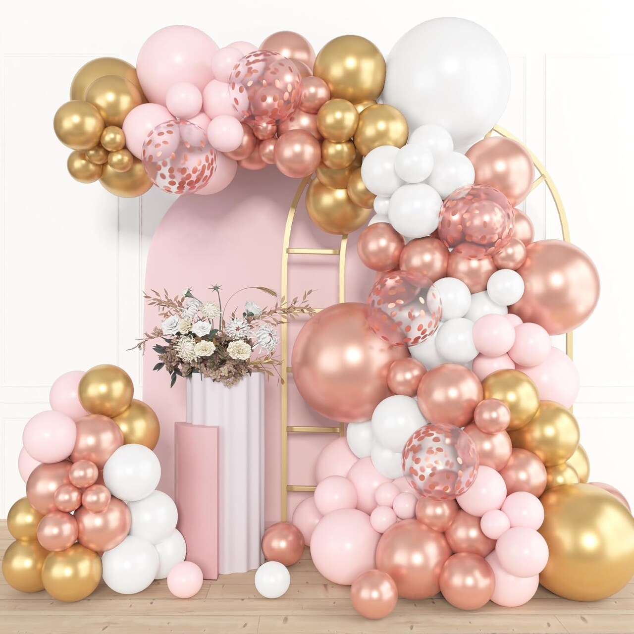 153pcs Rose Gold Balloon Garland Arch Kit, Different Sizes 18 12 10 5 inch Pink White Gold Latex Metallic Confetti Balloons